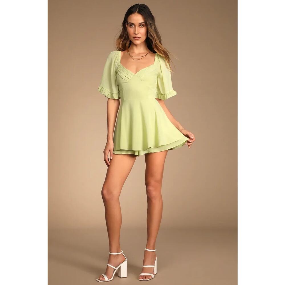 Lulus Spring Love Light Green Ruffled Short Sleeve Romper Size Large